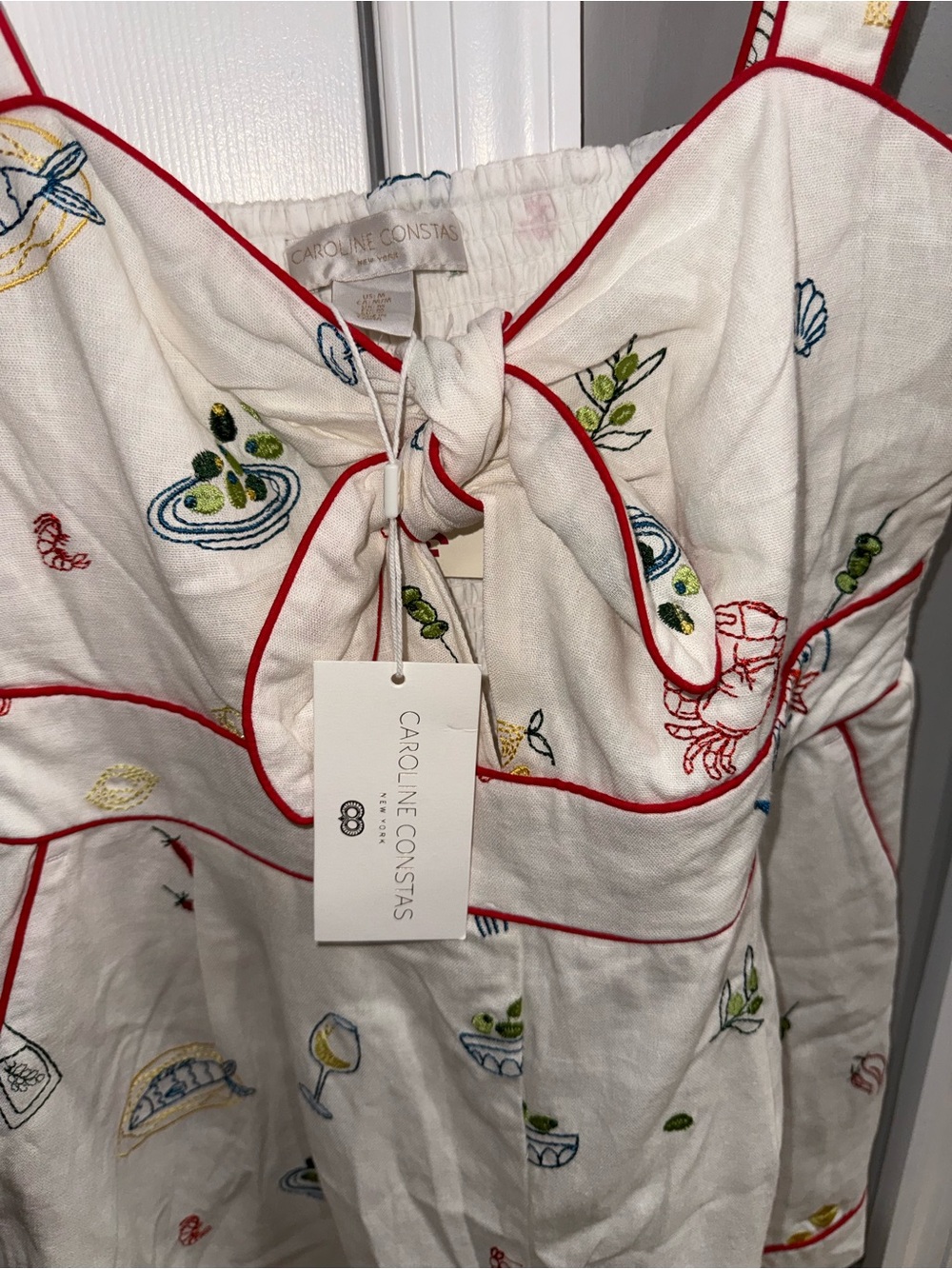 Caroline Constas Cream Printed Tie-Front Romper with Red Piping - Picture 4 of 4